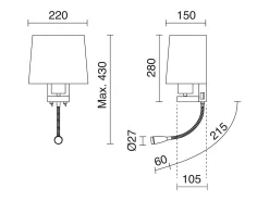 Aplique de parede estilo clássico FIRENZE - Altura 43 cm - E27 60W + 3W SMD LED - 2x on&off - 2x USB - aço e algodão - níquel acetinado e branco - IP20