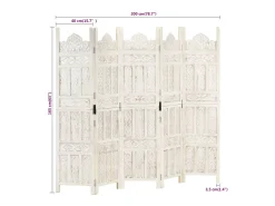 Biombo esculp. mão 5 painéis 200x165cm mangueira maciça branco
