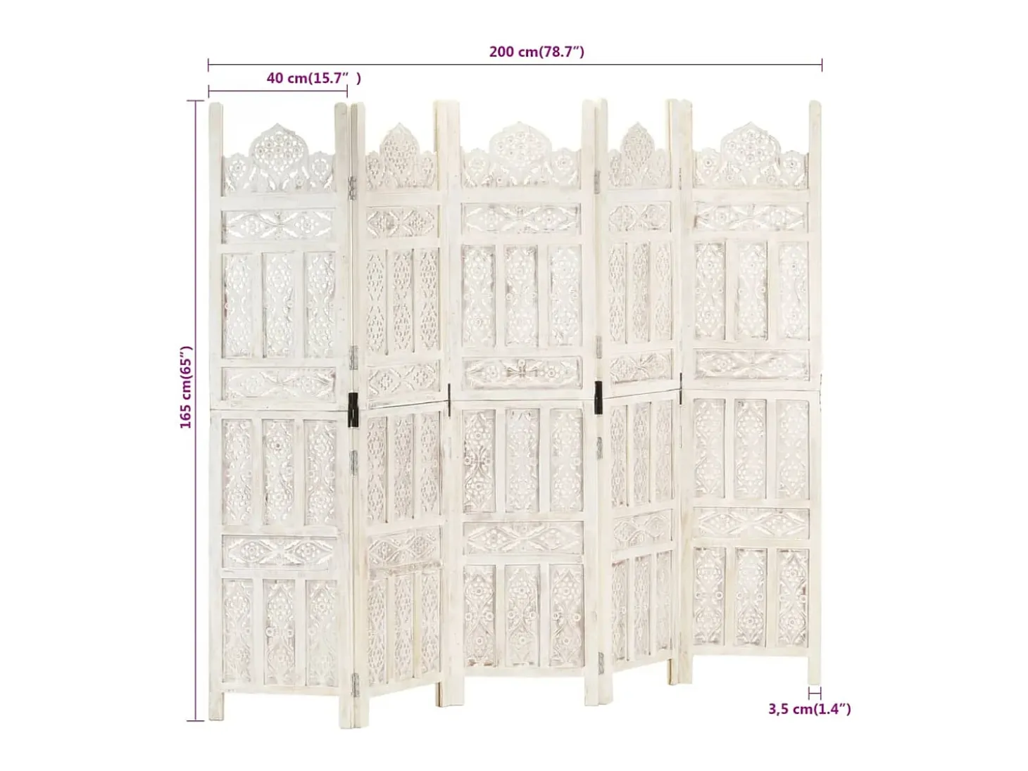 Biombo esculp. mão 5 painéis 200x165cm mangueira maciça branco