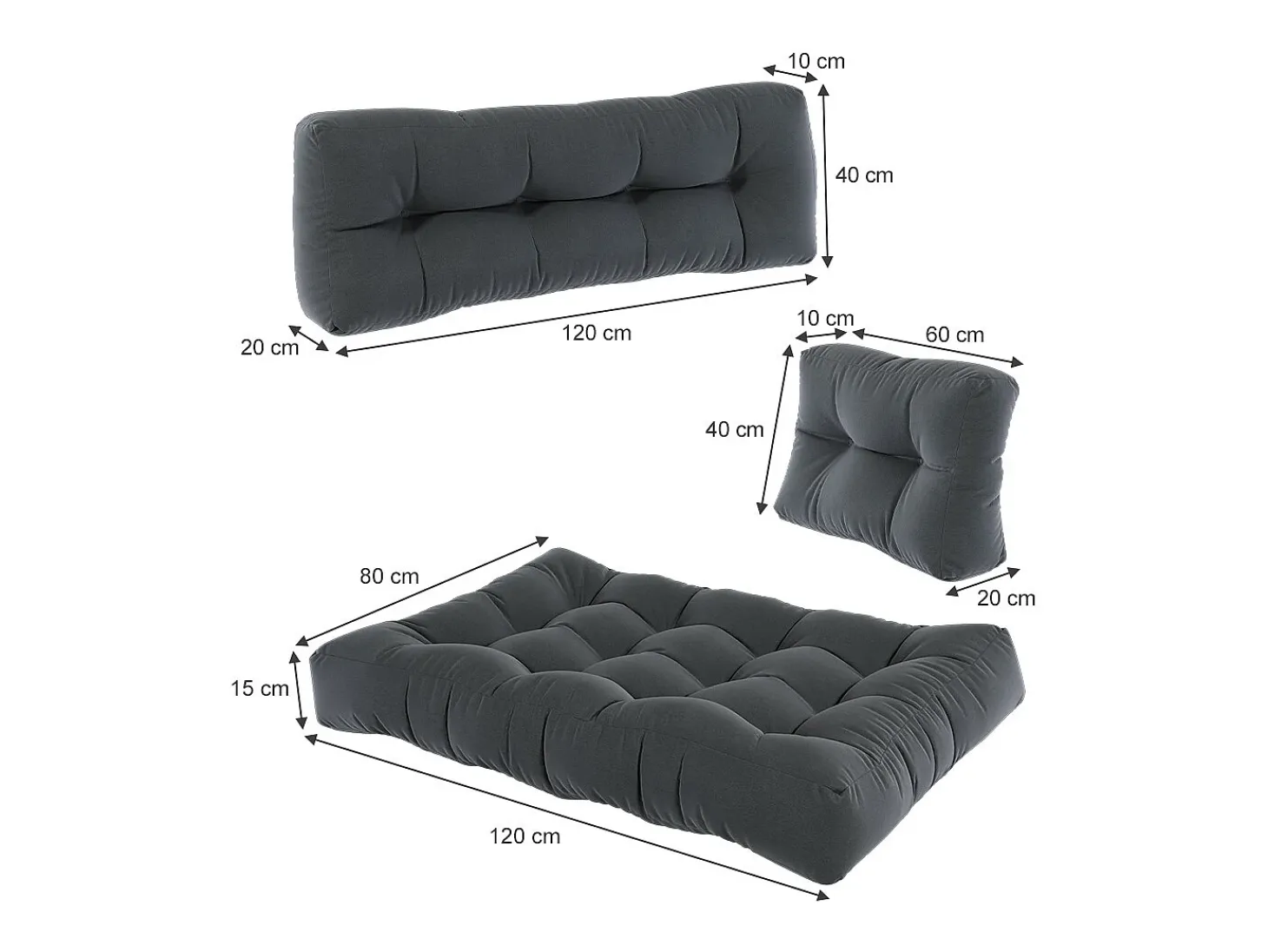 Conjunto de almofadas de paletes antracite 120x15x80 flocken