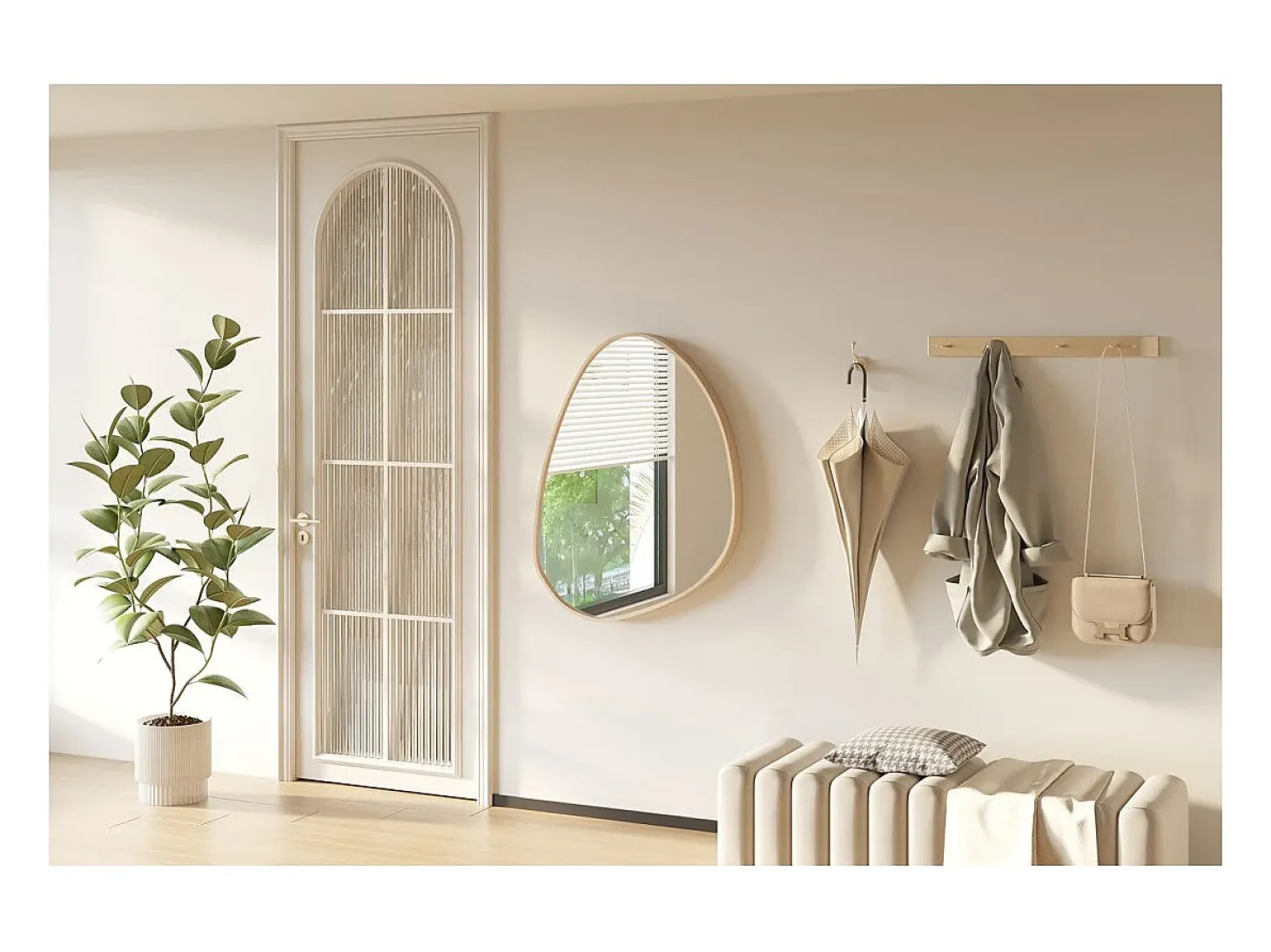 Espelho assimétrico NARA – 60x80 cm – Acabamento em carvalho envelhecido – MDF com decoração de madeira – Design orgânico