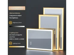 Espelho de banheiro iluminado por LED antiembaçante com moldura dourada 80x60x4cm