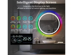 Espelho de banheiro 80x80cm RGB e LED ajustável + antiembaçante + Bluetooth 5.2 + Relógio + 3 cores 4 botões