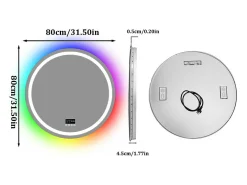 Espelho de banheiro 80x80cm RGB e LED ajustável + antiembaçante + Bluetooth 5.2 + Relógio + 3 cores 4 botões