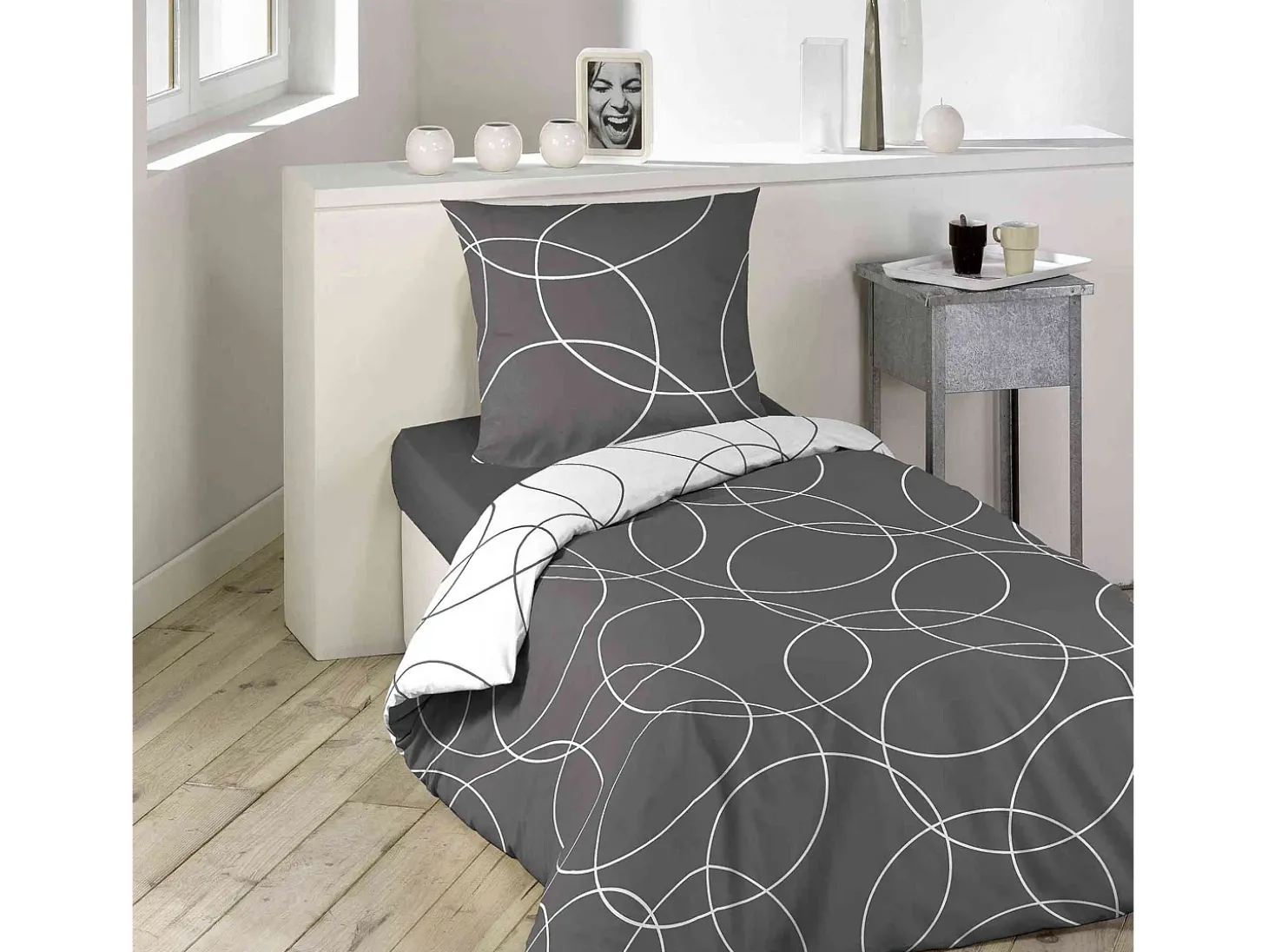 Jogo de Cama 2 Peças "Elton" 140x200cm Cinza e Branco Reversível