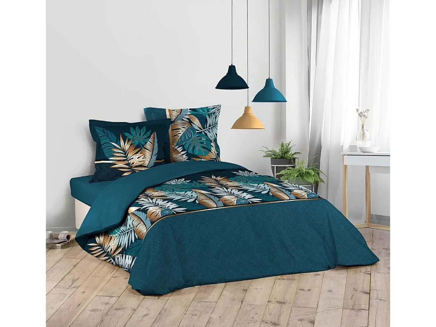 Jogo de Cama "Alianor" 3 Peças 260x240cm Azul Tropical Chic 100% Algodão