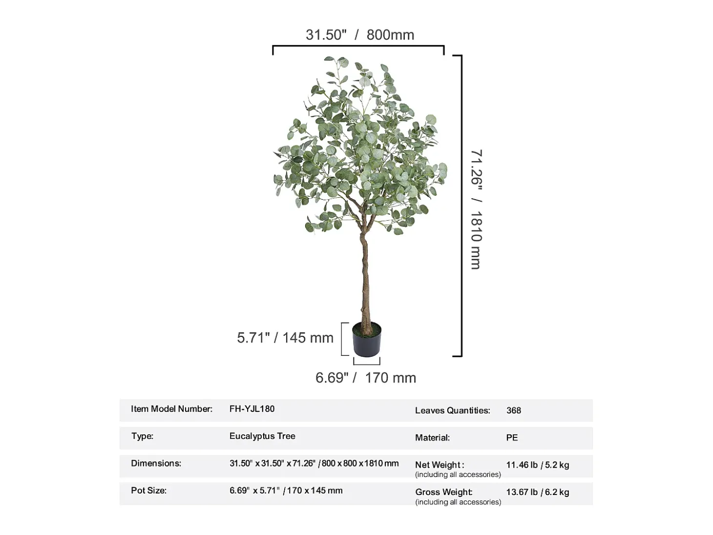 Árvore Artificial SucceBuy 181 cm, Planta Artificial PE, para Casa Escritório Centros Comerciais Interior Exterior